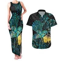 New Zealand Fantail Bird Couples Matching Tank Maxi Dress and Hawaiian Shirt Maori Piwakawaka Kowhai - Paua Shell Pattern LT14 Green - Polynesian Pride
