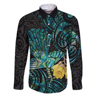 New Zealand Fantail Bird Family Matching Long Sleeve Bodycon Dress and Hawaiian Shirt Maori Piwakawaka Kowhai - Paua Shell Pattern LT14 Dad's Shirt - Long Sleeve Green - Polynesian Pride