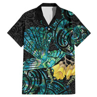 New Zealand Fantail Bird Family Matching Mermaid Dress and Hawaiian Shirt Maori Piwakawaka Kowhai - Paua Shell Pattern LT14 Dad's Shirt - Short Sleeve Green - Polynesian Pride