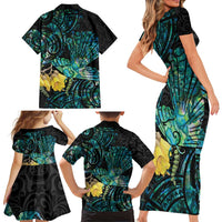 New Zealand Fantail Bird Family Matching Short Sleeve Bodycon Dress and Hawaiian Shirt Maori Piwakawaka Kowhai - Paua Shell Pattern LT14 - Polynesian Pride