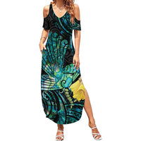 New Zealand Fantail Bird Family Matching Summer Maxi Dress and Hawaiian Shirt Maori Piwakawaka Kowhai - Paua Shell Pattern LT14 Mom's Dress Green - Polynesian Pride
