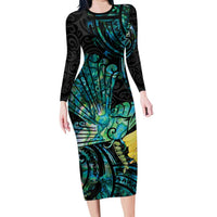 New Zealand Fantail Bird Long Sleeve Bodycon Dress Maori Piwakawaka Kowhai - Paua Shell Pattern LT14 Long Dress Green - Polynesian Pride