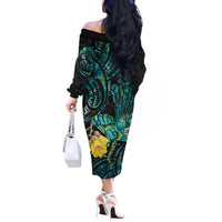 New Zealand Fantail Bird Off The Shoulder Long Sleeve Dress Maori Piwakawaka Kowhai - Paua Shell Pattern LT14 - Polynesian Pride