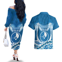 FSM Yap Day Couples Matching Off The Shoulder Long Sleeve Dress and Hawaiian Shirt 2025 Wa'ab Micronesia Flag Color
