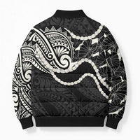 Aloha Hawaii Kalo Pikake Lei Bomber Puffer Jacket Chest Tattoo Black Hawaiian Pattern