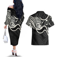 Aloha Hawaii Kalo Pikake Lei Couples Matching Off The Shoulder Long Sleeve Dress and Hawaiian Shirt Chest Tattoo Black Hawaiian Pattern LT14 - Polynesian Pride