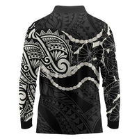 Aloha Hawaii Kalo Pikake Lei Long Sleeve Polo Shirt Chest Tattoo Black Hawaiian Pattern