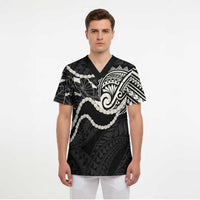 Aloha Hawaii Kalo Pikake Lei Scrub Top Chest Tattoo Black Hawaiian Pattern