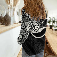 Aloha Hawaii Kalo Pikake Lei Women Casual Shirt Chest Tattoo Black Hawaiian Pattern
