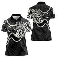 Aloha Hawaii Kalo Pikake Lei Women Polo Shirt Chest Tattoo Black Hawaiian Pattern