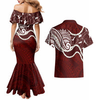 Aloha Hawaii Kalo Pikake Lei Couples Matching Mermaid Dress and Hawaiian Shirt Chest Tattoo Oxblood Hawaiian Pattern LT14 - Polynesian Pride