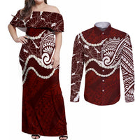 Aloha Hawaii Kalo Pikake Lei Couples Matching Off Shoulder Maxi Dress and Long Sleeve Button Shirt Chest Tattoo Oxblood Hawaiian Pattern
