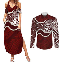 Aloha Hawaii Kalo Pikake Lei Couples Matching Summer Maxi Dress and Long Sleeve Button Shirt Chest Tattoo Oxblood Hawaiian Pattern LT14 Oxblood - Polynesian Pride