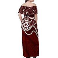 Aloha Hawaii Kalo Pikake Lei Off Shoulder Maxi Dress Chest Tattoo Oxblood Hawaiian Pattern