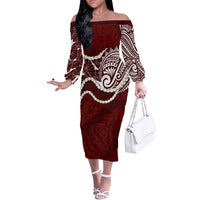 Aloha Hawaii Kalo Pikake Lei Off The Shoulder Long Sleeve Dress Chest Tattoo Oxblood Hawaiian Pattern