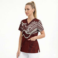 Aloha Hawaii Kalo Pikake Lei Scrub Top Chest Tattoo Oxblood Hawaiian Pattern