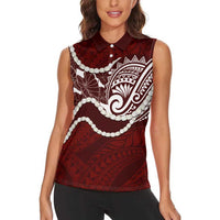 Aloha Hawaii Kalo Pikake Lei Women Sleeveless Polo Shirt Chest Tattoo Oxblood Hawaiian Pattern
