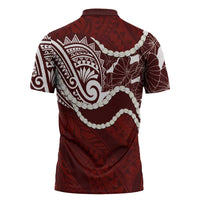 Aloha Hawaii Kalo Pikake Lei Zipper Polo Shirt Chest Tattoo Oxblood Hawaiian Pattern