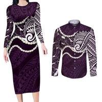 Aloha Hawaii Kalo Pikake Lei Couples Matching Long Sleeve Bodycon Dress and Long Sleeve Button Shirt Chest Tattoo Purple Hawaiian Pattern LT14 Purple - Polynesian Pride