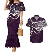 Aloha Hawaii Kalo Pikake Lei Couples Matching Mermaid Dress and Hawaiian Shirt Chest Tattoo Purple Hawaiian Pattern LT14 Purple - Polynesian Pride