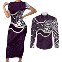 Aloha Hawaii Kalo Pikake Lei Couples Matching Short Sleeve Bodycon Dress and Long Sleeve Button Shirt Chest Tattoo Purple Hawaiian Pattern LT14 Purple - Polynesian Pride