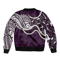 Aloha Hawaii Kalo Pikake Lei Sleeve Zip Bomber Jacket Chest Tattoo Purple Hawaiian Pattern