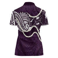 Aloha Hawaii Kalo Pikake Lei Women Polo Shirt Chest Tattoo Purple Hawaiian Pattern