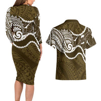 Aloha Hawaii Kalo Pikake Lei Couples Matching Long Sleeve Bodycon Dress and Hawaiian Shirt Chest Tattoo Gold Hawaiian Pattern LT14 - Polynesian Pride