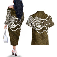 Aloha Hawaii Kalo Pikake Lei Couples Matching Off The Shoulder Long Sleeve Dress and Hawaiian Shirt Chest Tattoo Gold Hawaiian Pattern LT14 - Polynesian Pride