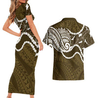 Aloha Hawaii Kalo Pikake Lei Couples Matching Short Sleeve Bodycon Dress and Hawaiian Shirt Chest Tattoo Gold Hawaiian Pattern LT14 - Polynesian Pride