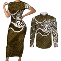 Aloha Hawaii Kalo Pikake Lei Couples Matching Short Sleeve Bodycon Dress and Long Sleeve Button Shirt Chest Tattoo Gold Hawaiian Pattern LT14 Gold - Polynesian Pride