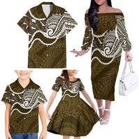 Aloha Hawaii Kalo Pikake Lei Family Matching Off The Shoulder Long Sleeve Dress and Hawaiian Shirt Chest Tattoo Gold Hawaiian Pattern LT14 - Polynesian Pride