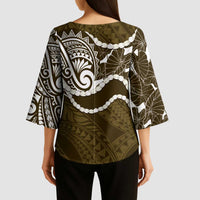 Aloha Hawaii Kalo Pikake Lei Kimono Sleeve Blouse Chest Tattoo Gold Hawaiian Pattern