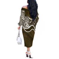 Aloha Hawaii Kalo Pikake Lei Off The Shoulder Long Sleeve Dress Chest Tattoo Gold Hawaiian Pattern