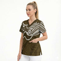 Aloha Hawaii Kalo Pikake Lei Scrub Top Chest Tattoo Gold Hawaiian Pattern