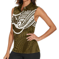 Aloha Hawaii Kalo Pikake Lei Women Sleeveless Polo Shirt Chest Tattoo Gold Hawaiian Pattern