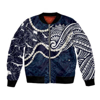 Aloha Hawaii Kalo Pikake Lei Bomber Jacket Chest Tattoo Oxford Blue Hawaiian Pattern