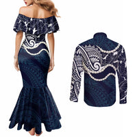 Aloha Hawaii Kalo Pikake Lei Couples Matching Mermaid Dress and Long Sleeve Button Shirt Chest Tattoo Oxford Blue Hawaiian Pattern LT14 - Polynesian Pride