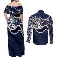 Aloha Hawaii Kalo Pikake Lei Couples Matching Off Shoulder Maxi Dress and Long Sleeve Button Shirt Chest Tattoo Oxford Blue Hawaiian Pattern