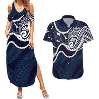 Aloha Hawaii Kalo Pikake Lei Couples Matching Summer Maxi Dress and Hawaiian Shirt Chest Tattoo Oxford Blue Hawaiian Pattern LT14 Oxford Blue - Polynesian Pride