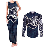 Aloha Hawaii Kalo Pikake Lei Couples Matching Tank Maxi Dress and Long Sleeve Button Shirt Chest Tattoo Oxford Blue Hawaiian Pattern