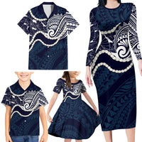 Aloha Hawaii Kalo Pikake Lei Family Matching Long Sleeve Bodycon Dress and Hawaiian Shirt Chest Tattoo Oxford Blue Hawaiian Pattern LT14 - Polynesian Pride