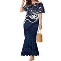 Aloha Hawaii Kalo Pikake Lei Family Matching Mermaid Dress and Hawaiian Shirt Chest Tattoo Oxford Blue Hawaiian Pattern LT14 Mom's Dress Oxford Blue - Polynesian Pride