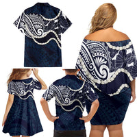 Aloha Hawaii Kalo Pikake Lei Family Matching Off Shoulder Short Dress and Hawaiian Shirt Chest Tattoo Oxford Blue Hawaiian Pattern LT14 - Polynesian Pride