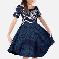 Aloha Hawaii Kalo Pikake Lei Family Matching Puletasi and Hawaiian Shirt Chest Tattoo Oxford Blue Hawaiian Pattern LT14 Daughter's Dress Oxford Blue - Polynesian Pride