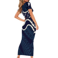Aloha Hawaii Kalo Pikake Lei Family Matching Short Sleeve Bodycon Dress and Hawaiian Shirt Chest Tattoo Oxford Blue Hawaiian Pattern LT14 - Polynesian Pride