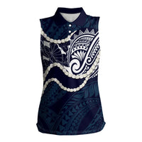 Aloha Hawaii Kalo Pikake Lei Women Sleeveless Polo Shirt Chest Tattoo Oxford Blue Hawaiian Pattern