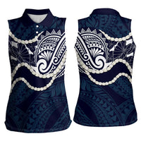 Aloha Hawaii Kalo Pikake Lei Women Sleeveless Polo Shirt Chest Tattoo Oxford Blue Hawaiian Pattern