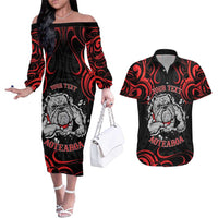 Personalised Aotearoa Bulldog Couples Matching Off The Shoulder Long Sleeve Dress and Hawaiian Shirt NZ Maori Tattoo LT14 Red - Polynesian Pride