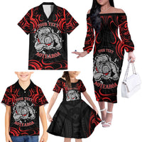 Personalised Aotearoa Bulldog Family Matching Off The Shoulder Long Sleeve Dress and Hawaiian Shirt NZ Maori Tattoo LT14 - Polynesian Pride